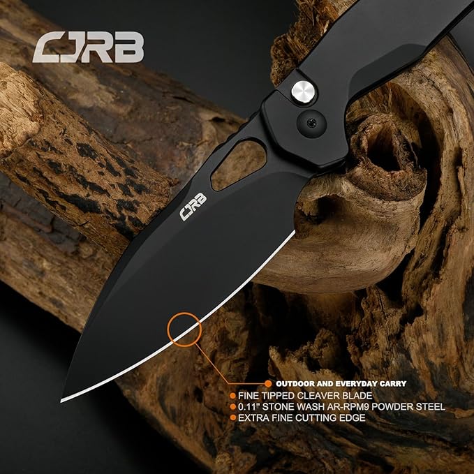 CJRB Frack Pocket Knife, 3.9" AR-RPM9 Steel Blade PVD Coating Steel Handle EDC Knife, Button Lock Knife for Tactical Outdoor Camping Gift, Black (J1931)