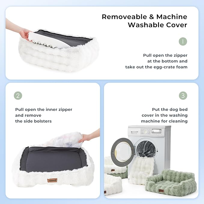 Cat Couch Bed for Indoor Cats-Orthopedic Cat Sofa with Supportive Egg Foam, Fluffy Cute Faux Fur Removable Washable Cover and Non-Slip Bottom, Sage Green