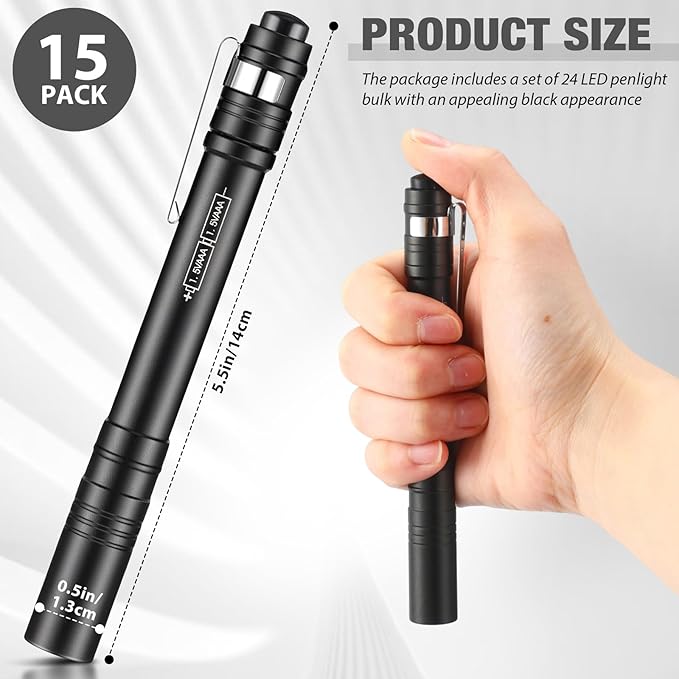 15 Pack Mini Pen Flashlights Bulk LED Pen Lights Aluminum Pocket Flashlights with Clips Small Handheld Torches Gifts for Camping Hiking Emergency Outdoor (Black)