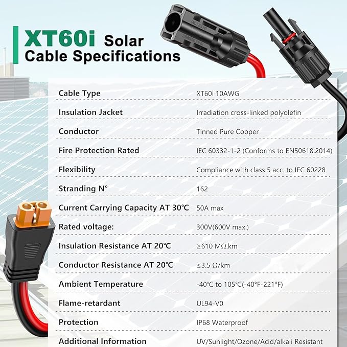 Oududianzi 10AWG XT60i Solar Cable 50FT, Solar Connector to XT60i Cable 3 10 15 20 25 30 40 50FT, Solar Charging Adapter for Portable Power Station - 40Ft