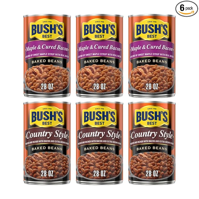 Bush's Best Baked Beans, Bacon Maple Country Mix, 3 Maple Cured Bacon (28 Oz), 3 Country Style (28 Oz), (Variety Pack)