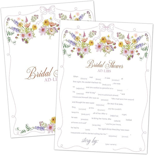 Bridal Shower Ad-Libs Games, Wildflowers Pink Bow Games Card for Wedding Reception, Bridal Shower, Engagement, Bachelorette Party Activity Decorations (25 Pack) -A15
