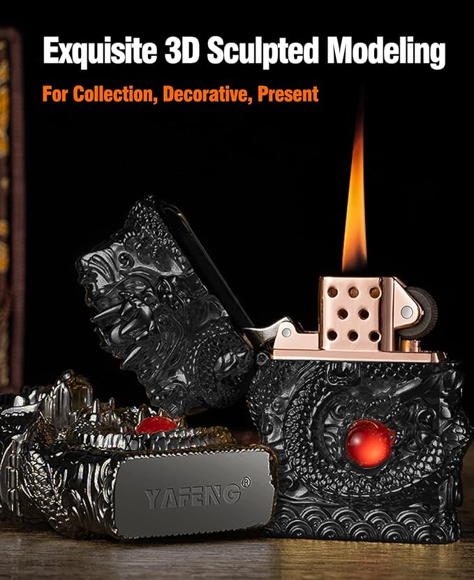 Cool Lighters, Windproof Carving Dragon Antique Lighter, Reusable Kerosene Grinding Wheel Lighter for Collection, Decorative, Gift, Present (Without Fuel) (Black)
