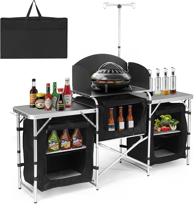 Camping Kitchen Table, Folding Table,Outdoor Cooking Table with Storage Carrying Bag, Aluminum Cook Station with Windscreen and 3 Multifunctional Storage Cupboards, BBQ, Outdoor, RV, Party