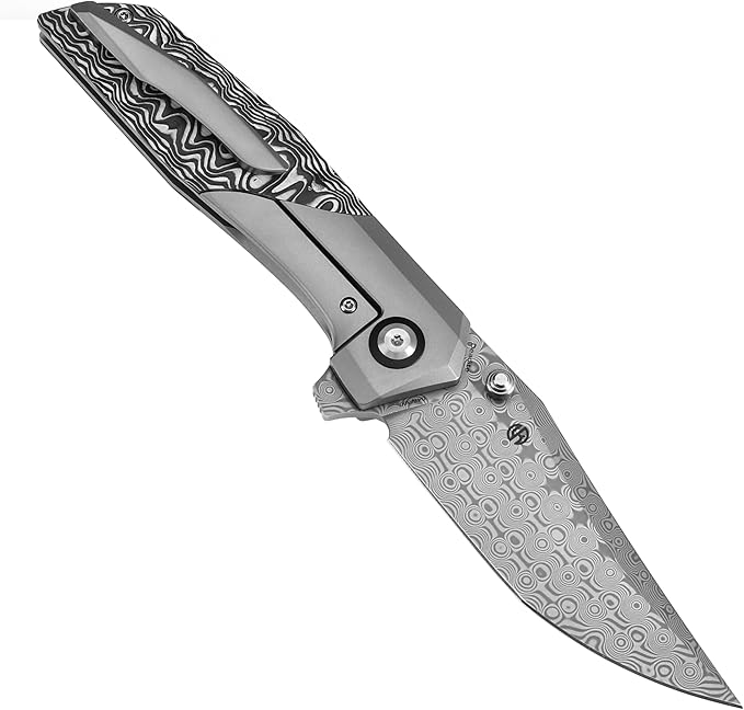 KANSEPT Deadite Pocket Folding Knives for Men Women Camping Hiking Folding Knife 3.52'' Damascus Blade EDC Knife with Beadblasted Titanium Carbon Fiber Handle Everyday Carry K1081A1