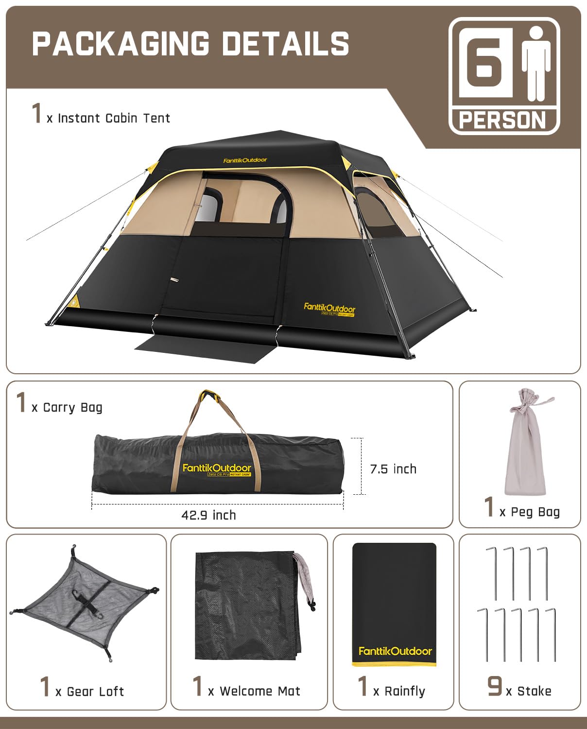 FanttikOutdoor Zeta C6 Pro 6 Person Tent for Camping Setup in 60s (Khaki)