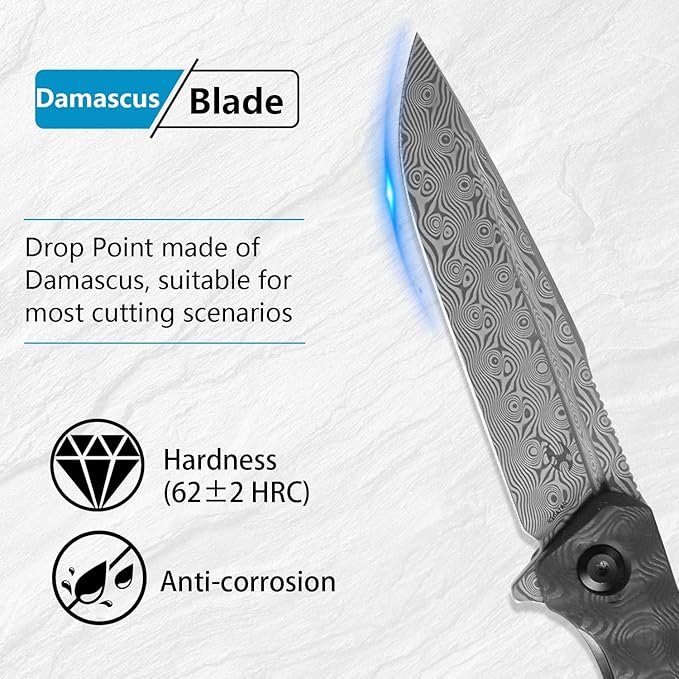 KANSEPT Qilin Pocket Knife,3.24'' Damascus Sharp Blade, Black Rose Carbon Fiber Handle for Edc, Flipper and Liner Lock with Double-Sided Clip, Men Camping Survival Folding Knives K1047A2