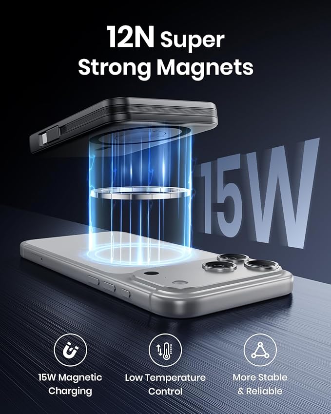 Hiluckey Magnetic Portable Charger Power Bank -10000mAh Ultra Slim 15W Wireless Phone Charger, 20W PD Fast Charging Battery Pack with Built-in Cable for Phone 16/15/14/13 Pro/Pro Max, Apple Watch