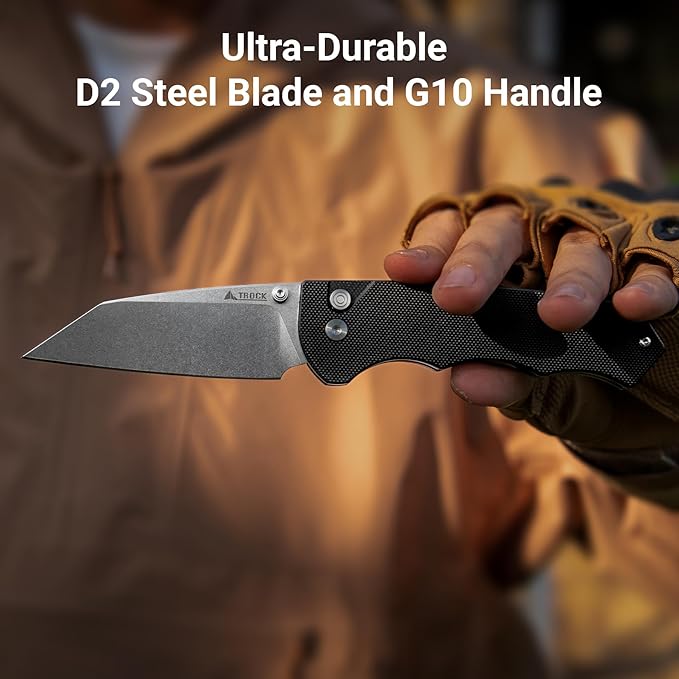 Pocket Folding Knife - 3.39" D2 Sheepsfoot Blade Stonewashed Finish - G10 Handle with Thumb Stud - EDC Knife for Men Women - Camping Hiking Survival Prepper