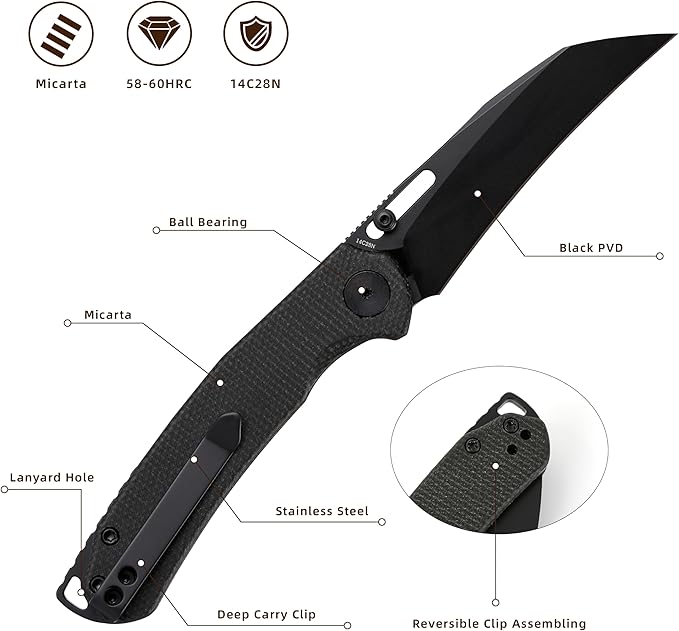 Folding Pocket Knife, 3.1" Stonewash Blade EDC Knife with Safety Liner Lock, Small Pocket Knife with Clip for Men, Sharp Camping Hiking Hunting Survival Knives