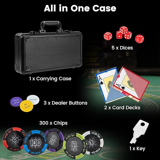 Goplus Poker Chip Set, 300 PCS/500 PCS 14 Gram Clay Poker Chips w/ Aluminum Case, Card Decks, Dealer Buttons, Dices, for Texas Holdem, Blackjack, Casino Gambling (300 PCS Chips Set)