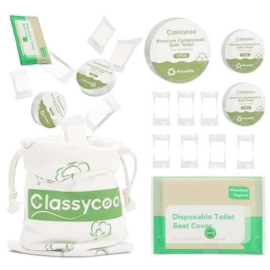 Travel Cleaning Kit for Hotel Disposable Compressed Towel(1 Bath Towelettes+ 2 Cleaning Towels+ 7 Face Cloths+1 Storage Bag+Toilet Seat Cover Papers) Toiletries Hygiene-Set, Portable Vacation Camping