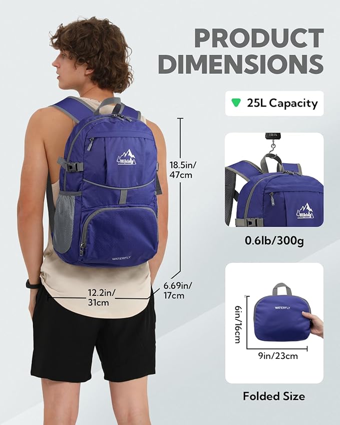 WATERFLY Hiking Foldable Daypack Backpack: 25L Ultra Lightweight Waterproof Day Pack for Woman Man - Small Compact Packable Folding Back Pack for Outdoor Sport Cycling Biking Travel Trip - Dark blue