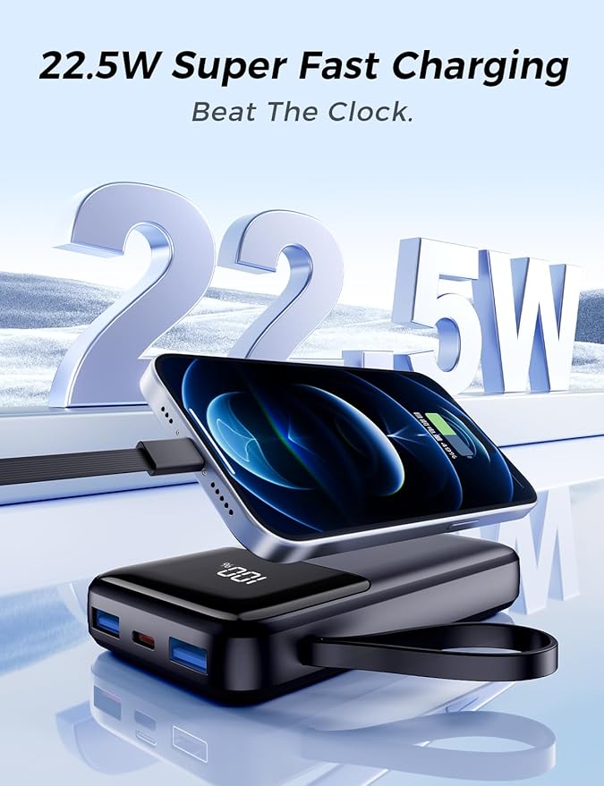 Power Bank, 15000mAh Portable Charger with Built in Cable, 22.5W Fast Charging, 6 Outputs, Slim Travel Essential Battery Pack with LED Display, Compatible with iPhone 17/16/15/14/13, Samsung, iPad
