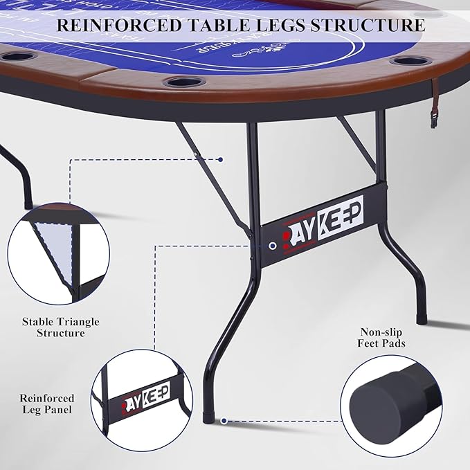 Foldable Poker Table for 10 Players, 84" Folding Blackjack Texas Holdem Table, Portable Casino Leisure Card Board Game Table with Cup Holders and Padded Rails for Game Room (Brown)