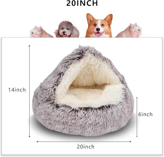 ShinHye Cozy Cat Bed - Round Plush Fluffy Hooded Cave, Indoor/Outdoor, Waterproof & Washable (20x20inch, Coffee)