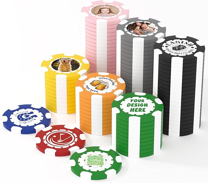 25 Custom Clay Poker Chips, 40mm Heavy 11.5g Casino Sized Personalized Poker Chips with Your Logo, Image or Text, Custom Drink Tokens for Bar, Party, Tournaments, Golf Club or Events