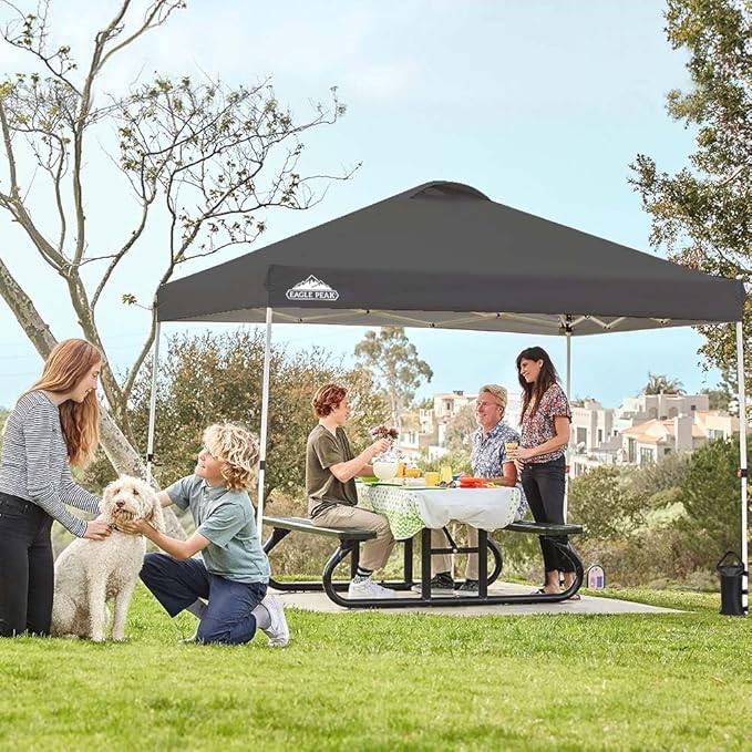 EAGLE PEAK Pop Up Canopy Tent with Wheeled Carry Bag, 8 Stakes, 4 Ropes, 4 Weight Bags, Easy Set Up Tent Canopy, 10x10 ft, 100sqft of Shade, Gray