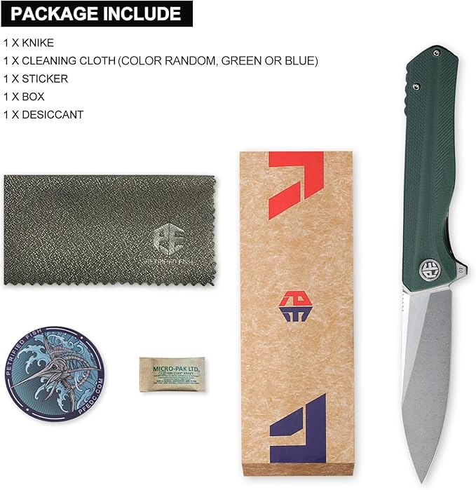 Petrified fish G10 handle D2 steel blade 2CR13 liner ball bearing flipper folding knife camping hunting EDC pocket tool PF818 (Green, Stonewash)