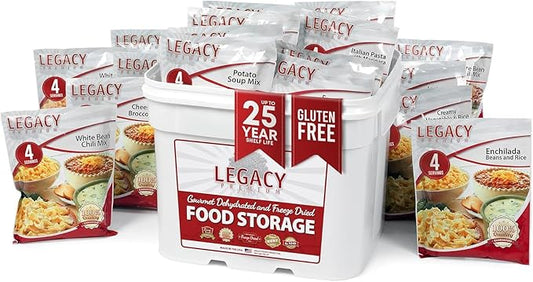 Legacy Food Storage Gluten Free 120 Serving Bucket, Emergency Food Supply, 46,200 Total Calories, 120 Large Servings, Shelf Stable Lunch & Dinner Entrees, Freeze Dried Survival Meals for MRE Camping, Hiking, & Backpacking