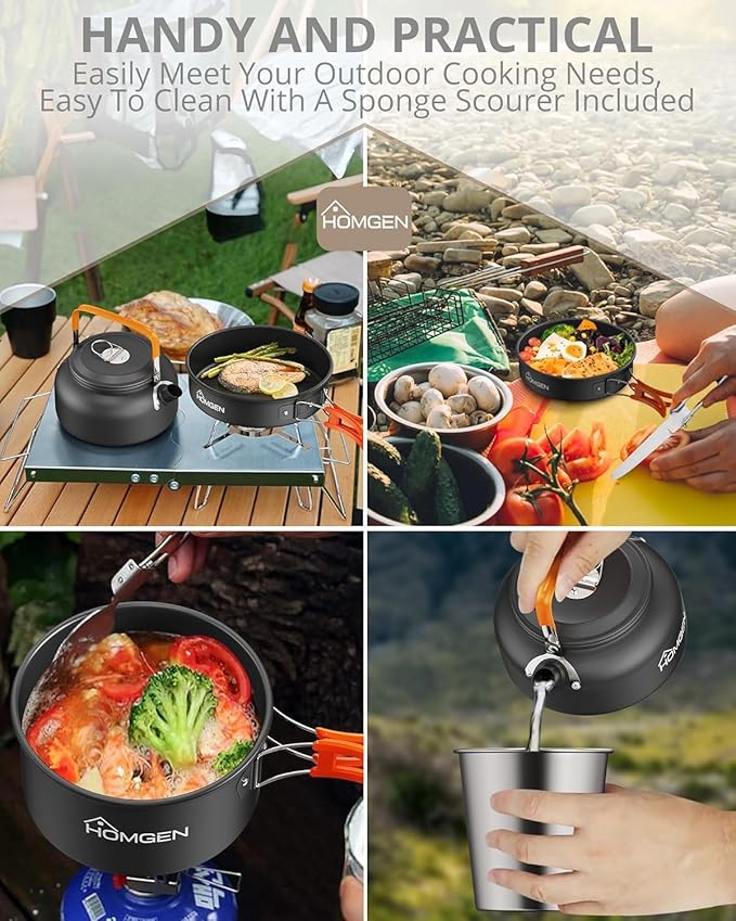 HOMGEN 14-Piece Camping Cooking Set with Stove Windshield & 2 Plates - Lightweight Aluminum Nesting Pot/Frying Pan Teapot - Complete Camping Mess Kit for Backpacking Picnics Outdoor Cooking Camping