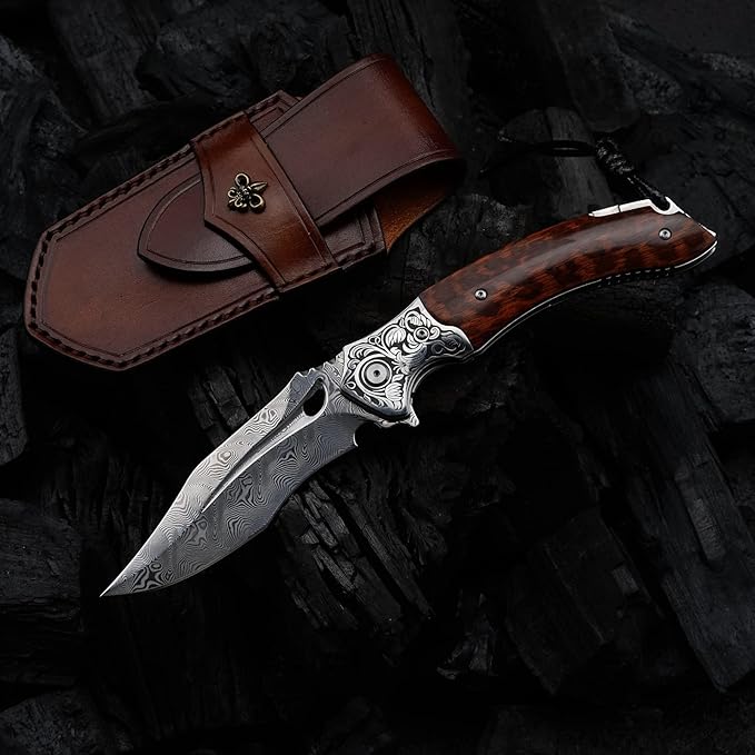 Japanese VG 10 Damascus Steel Folding Knife, Outdoor Wilderness Survival Pocket Knife, Snake Wood Handle Lined Lock, Leather Sheath, EDC Pocket Knife