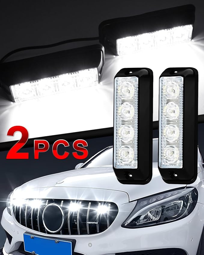 YM E-Bright 2-Pack White 4 LED Car Flash Light DRL Truck Warning Caution Emergency Construction Strobe Light DC 12V-24V
