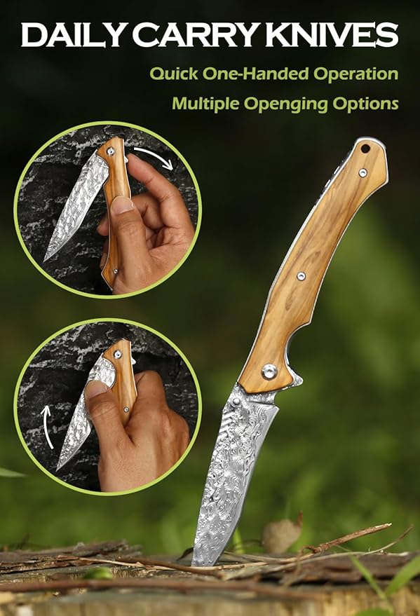 YOUSUNLONG Folding Knives Overall 210mm Pocket Knife - Hammered Damascus Steel Blade - Natural Italian Olive Wood Cover