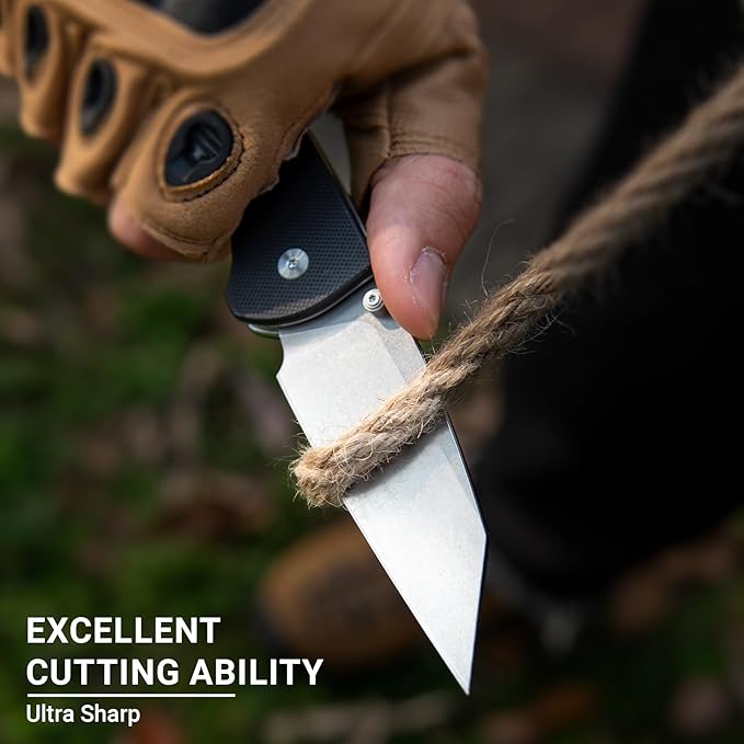 Pocket Folding Knife - 3.39" D2 Sheepsfoot Blade Stonewashed Finish - G10 Handle with Thumb Stud - EDC Knife for Men Women - Camping Hiking Survival Prepper