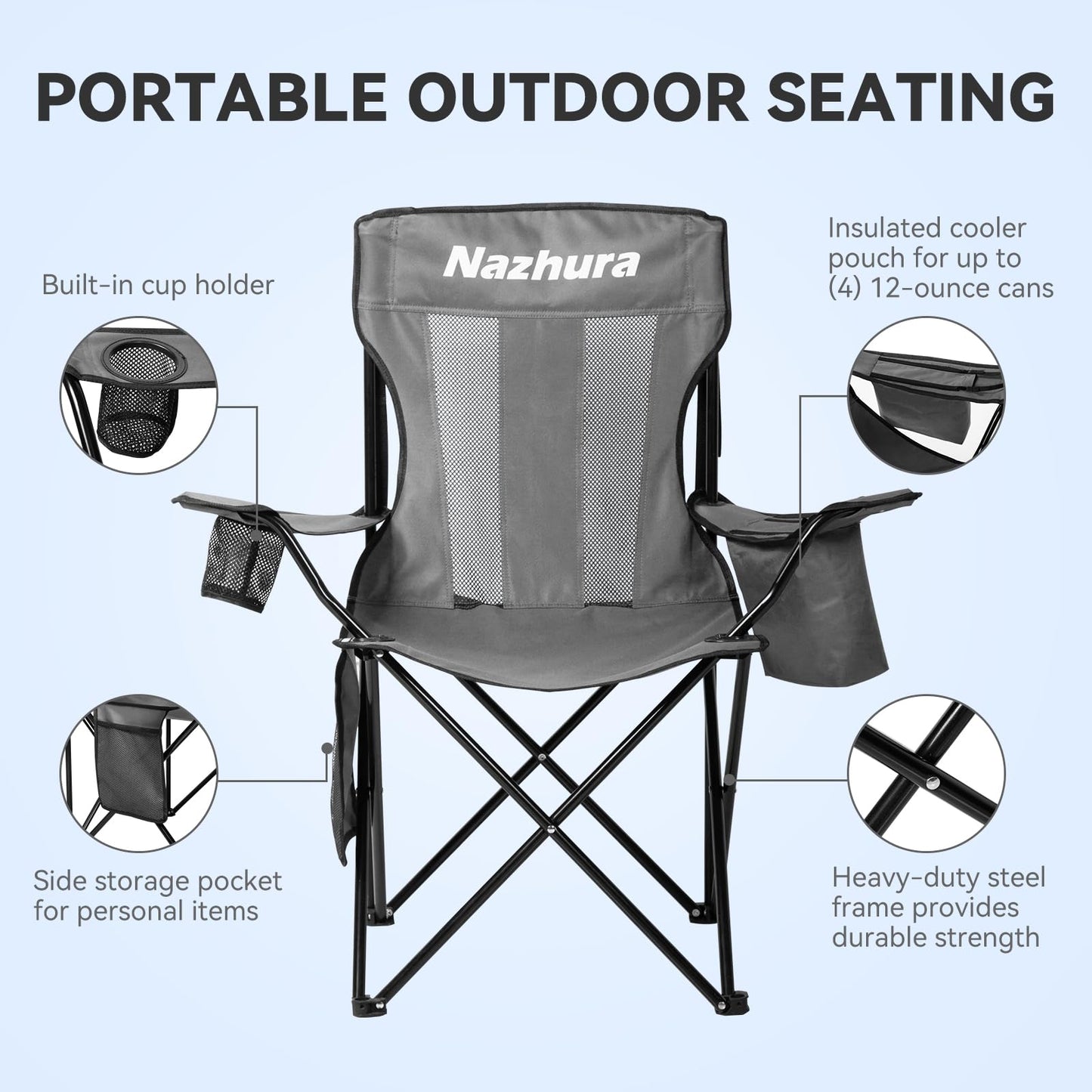 Nazhura 2 Pack Outdoor Camping Chairs Folding/Foldable/Portable with Cooler Pouch, Mesh Backrest