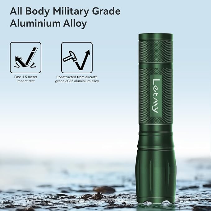 LETMY Tactical Flashlight - 2 Pack Bright Military Grade LED Flashlights High Lumens - Portable Handheld Flash Light, 5 Modes Zoomable Waterproof Flashlights for Home Emergency Camping- Green