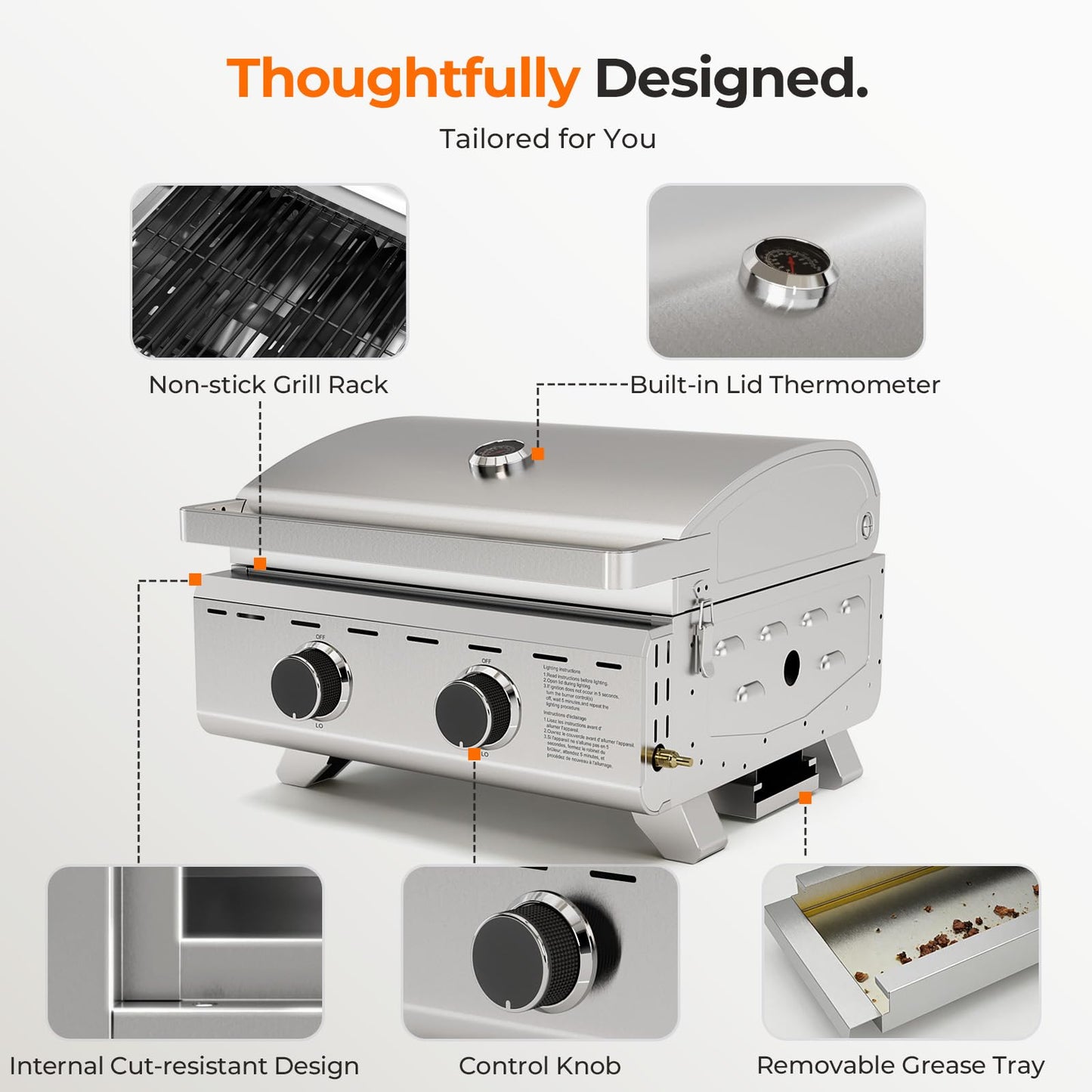 Electactic 20000 BTUs Portable Tabletop Gas Grill, 2 Burners Propane BBQ
