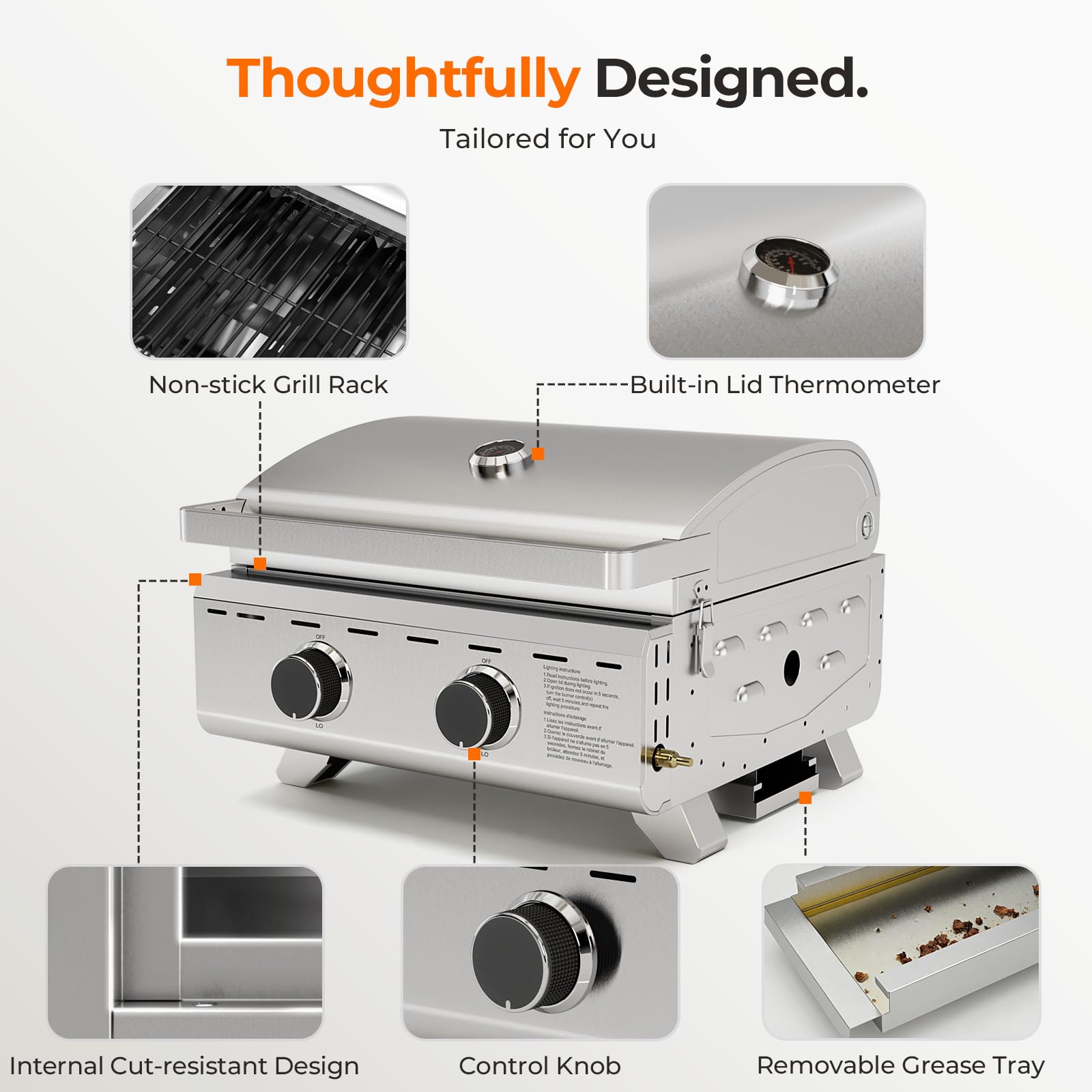Electactic 20000 BTUs Portable Tabletop Gas Grill, 2 Burners Propane BBQ