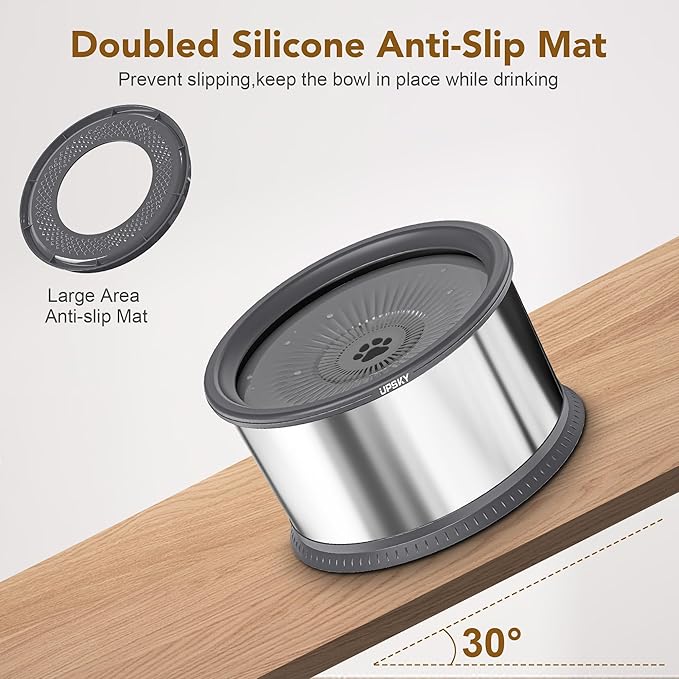 UPSKY Super Large Capacity No Spill Dog Bowl, 6.5L Stainless Steel Spill Proof Slow Water Feeder, Anti-Slip Mat for Messy Drinkers - Grey