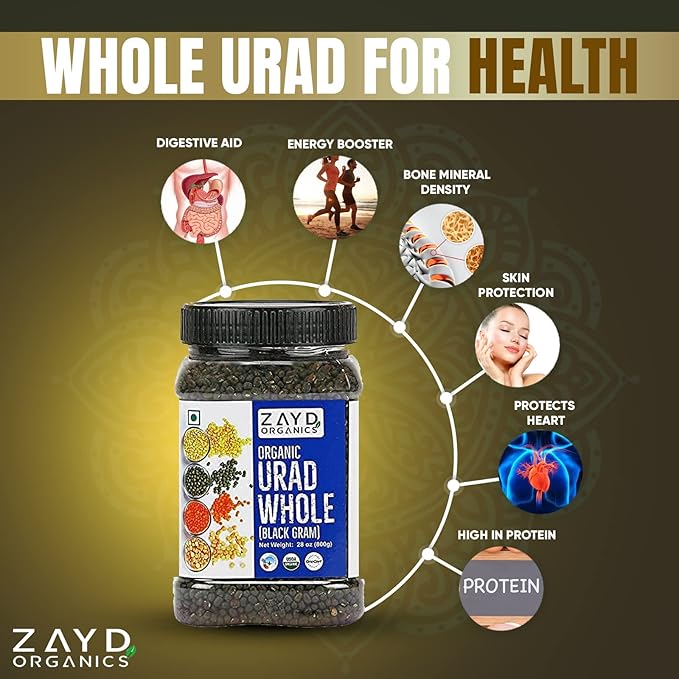Zayd Organics Urad Whole, Black Matpe Lentils, USDA Organic, 1.75lbs (800g)