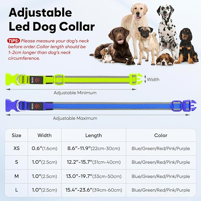 Flashseen LED Dog Collar, Light Up Dog Collar Light USB Rechargeable, Adjustable Comfortable Soft Mesh Safety Collar for Small, Medium, Large Dogs(Large, Purple)