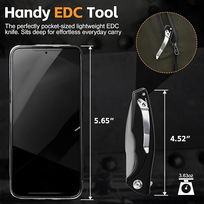 Pocket EDC Knife V903, 3.2" D2 Steel Blade Black G10 Handle Folding Knife with Pocket Clip for Men Women Camping Survival Hiking Outdoors (Black)