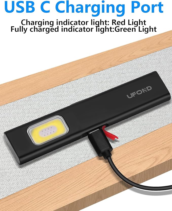 UFOND Flat Flashlight Rechargeable, 0.3 Inches Thin Mini Magnetic USB Work Light, Dual Lights 7 Modes with Pocket Clip,600 LM for Camping Hiking Mechanic Emergency, Waterproof Pocket Toollight