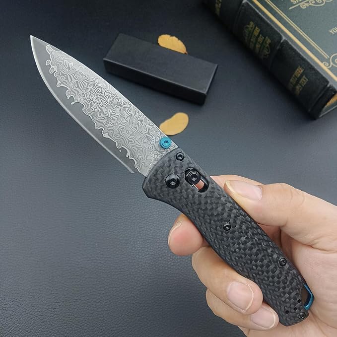 Folding Pocket Knife,3.15" Damascus Steel Knife, Black Carbon Fiber Handle with Pocket Clip for EDC. (Damascus)