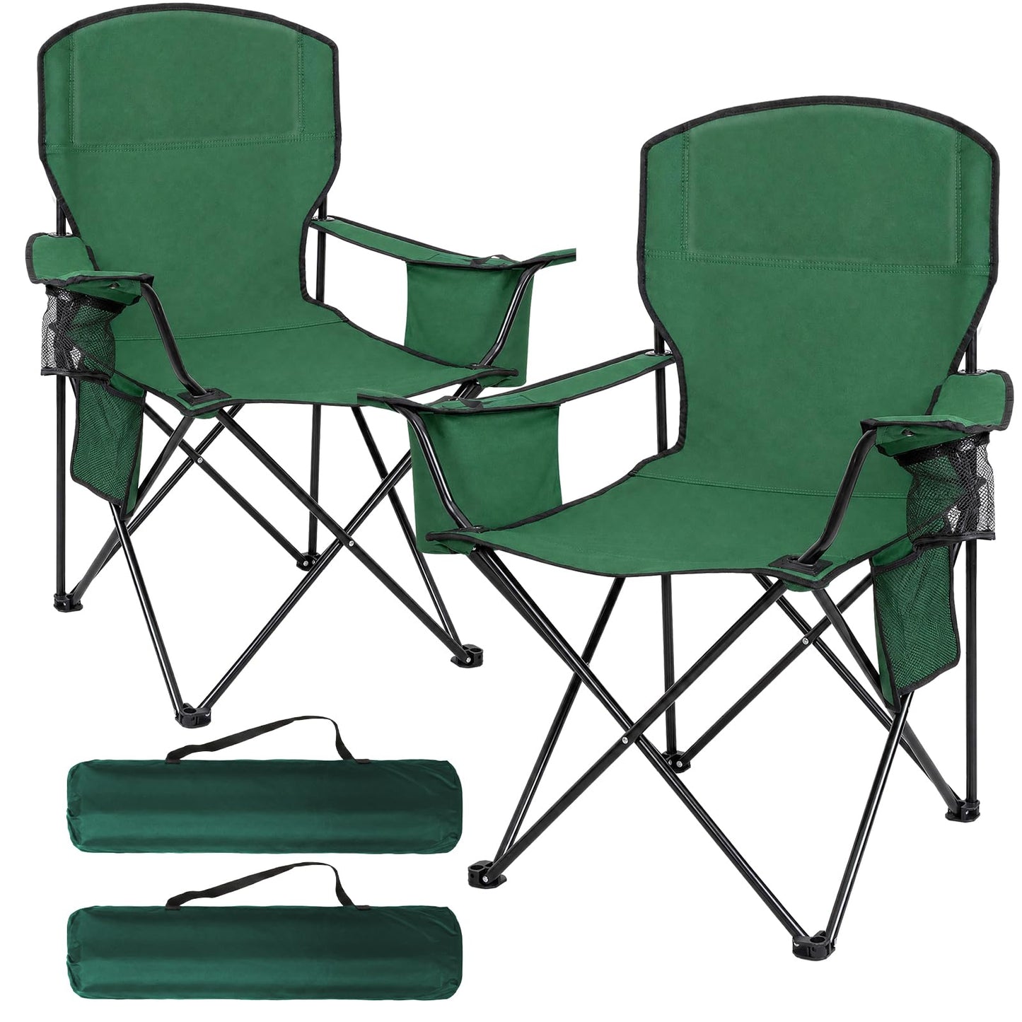 Kamglide 2-Pack Heavy Duty Camping Chairs, 400 LBS Capacity Folding Outdoor Chair with Cooler Bag &