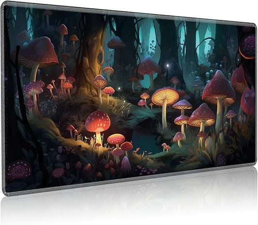 Playmat for MTG, 24 x 14 inches Game Play Mat for MTG TCG and Other Card Games, Trading Card Game Play Mat Desk Mats with Stitched Edges Non-Slip Base, Mushrooms Forest