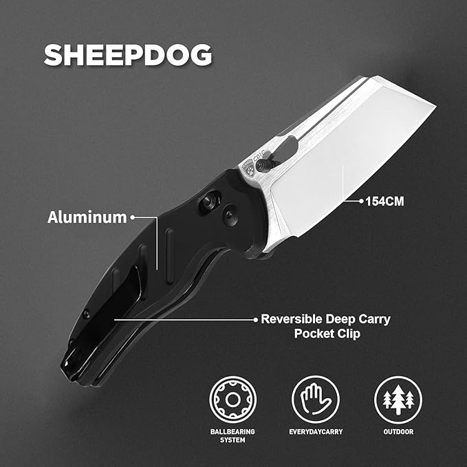 Kizer C01C Sheepdog Pocket Knife, 3.15" 154CM Blade EDC Folding Knife with Durable Black Aluminum Handle, Camping Knives with Clutch Lock, Hiking Survival Knives with Thumb Stud and Hole, V4488AC2