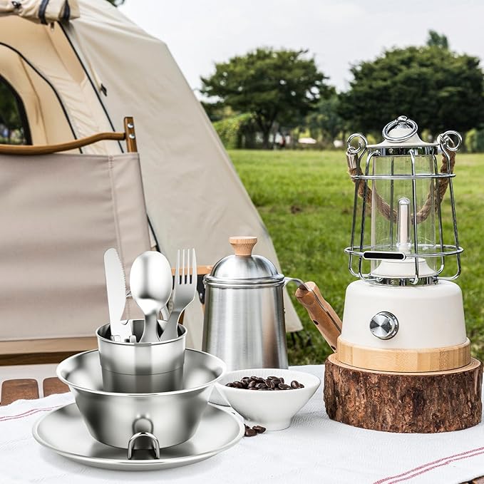 LemonRoad 2 Set Stainless Steel Camping Utensil Kit, Include 2 Collapsible Cups with Lid and Keychain, 2 Plates, 2 Bowls, 2 Spoons, 2 Forks and 2 Knives Camp Dinnerware for Hiking, Picnic, Travel