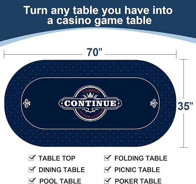 CONTINUE Upgraded Waterproof Poker Mat 8 Players Texas Hold'em Poker Mat Professional Poker Mat Anti-Slip Rubber Poker Table Top Layout with Carrying Bag for Poker Games, Blackjack, Casino（70 x 35 ）