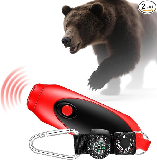 1 Set 125db Electronic Bear Horn with Compass & Thermometer for Hiking Loud Air Horn to Scare Bears Self Defense for Hiking Outdoor Emergency Camping Protection (4.72×1.5 Inch, Red)