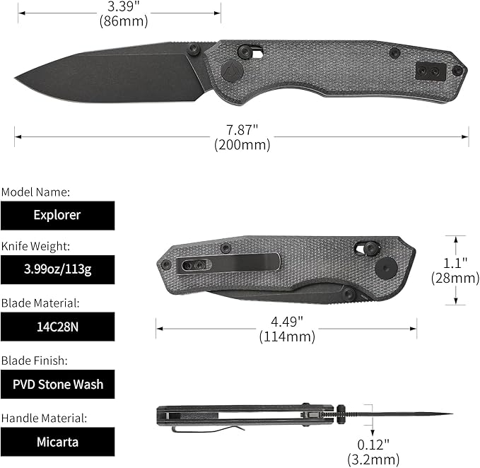 CMB Explorer Micarta Handle 14C28N Steel Blade Crossbar Lock Knife Pocket Folding Tactical Survival Camping Hiking Outdoors EDC Knife with Pocket Clip for Men Women CMB-18 (CMB-18B)