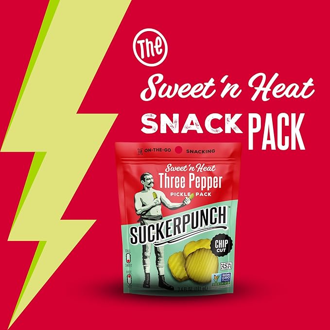 SuckerPunch Three Pepper Pickle Chips, Snack Pack, Gluten Free, Kosher, Sugar Free, Low Calorie, Low Carb, Ready to Eat, on the Go, Non GMO, Keto Friendly, Vegan, 3.4 Oz, Single Serve Pouch, 12 Pack