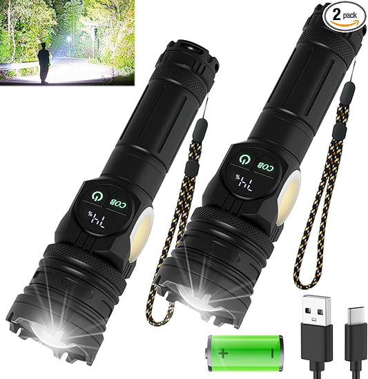 2 Pack Rechargeable Flashlight, 3000 High Lumen Super Bright LED Tactical Flashlight, Upgraded with 9 Modes, High Power Waterproof Dual Button/Dual Port Flashlight for Outdoor, Camping