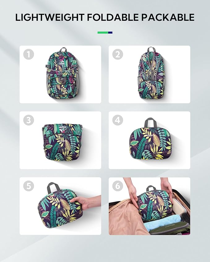 WATERFLY Hiking Foldable Daypack Backpack: 25L Ultra Lightweight Waterproof Day Pack for Woman Man - Small Compact Packable Folding Back Pack for Outdoor Sport Cycling Biking Travel Trip - Print