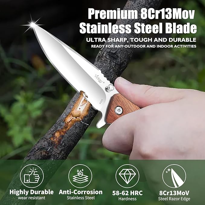 Vickay Folding Pocket Knife with Clip, 2.95" 8Cr13MoV Steel Blade, Wood Handle EDC Knife for Men & Women, Liner Lock Knife for Camping, Hunting, Tactical, Survival Father?˜s Day Gift